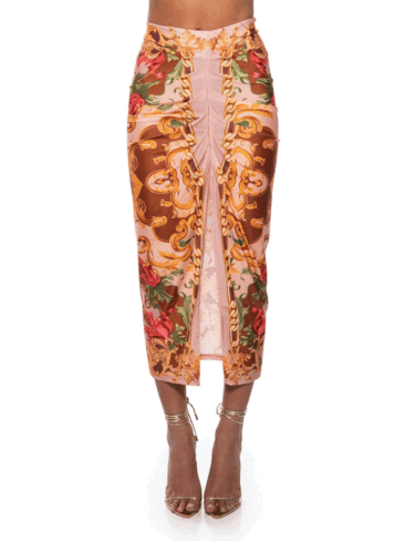 A.KOM // FRONT SLIT MIDI SKIRT, MULTICOLOR MOCHA
