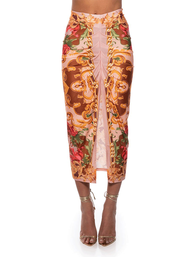 A.KOM // FRONT SLIT MIDI SKIRT, MULTICOLOR MOCHA