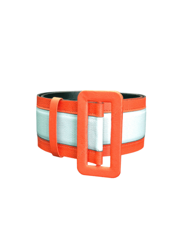PEcado // WIDE GEOMETRICAL LEATHER BELT, ORANGE/BLUE