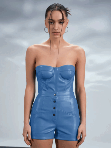 GEPUR // HIGH-RISE VEGAN LEATHER SHORTS, BLUE