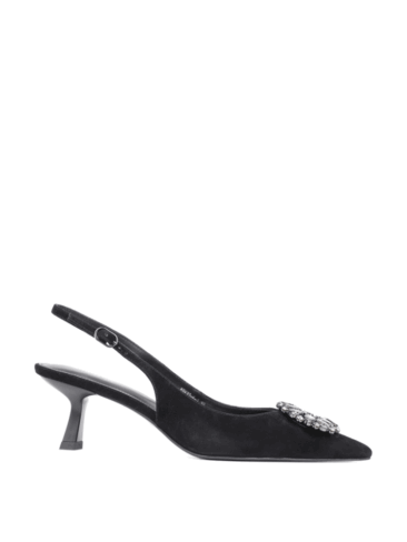 MIRATON // SUEDE SLING BACK W/ RHINESTONE PUMPS, BLACK