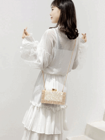 A.KOM // RECTANGULAR ACRYLIC CLUTCH BAG W/ METAL KNOBS, PEARL WHITE/BEIGE