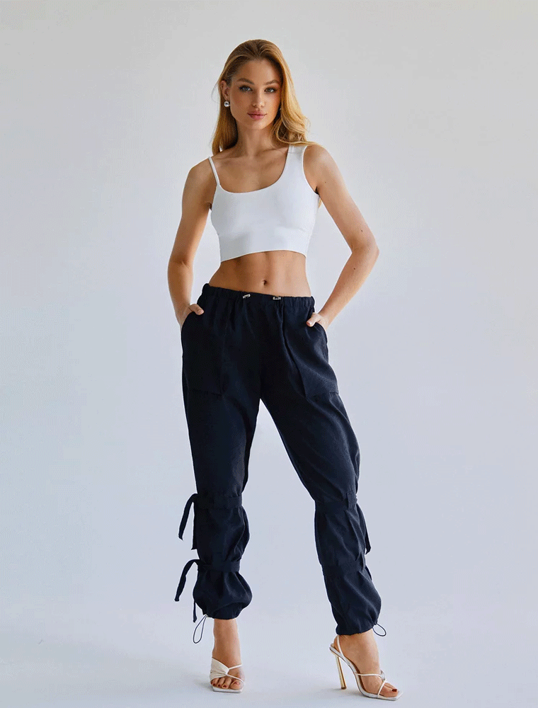GEPUR // DRAWSTRING ELASTIC WAISTBAND TROUSERS, BLACK