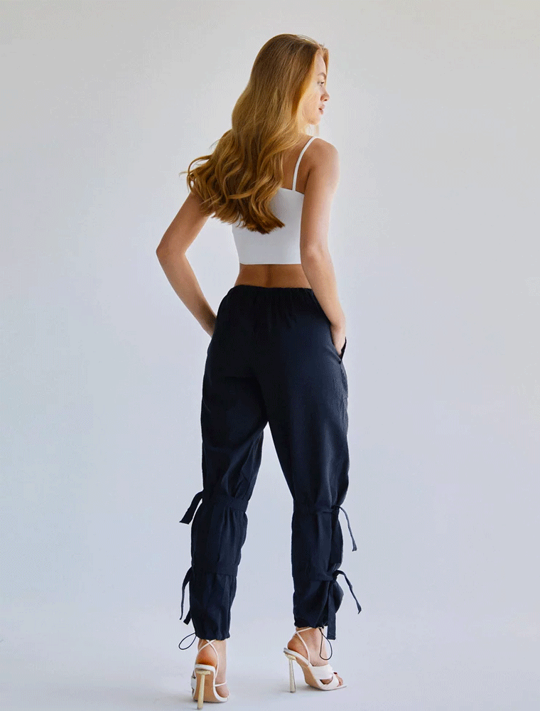 GEPUR // DRAWSTRING ELASTIC WAISTBAND TROUSERS, BLACK - Image 2