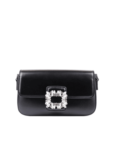 MIRATON // RHINESTONE BUCKLE DECOR FLAP SHOULDER BAG, BLACK