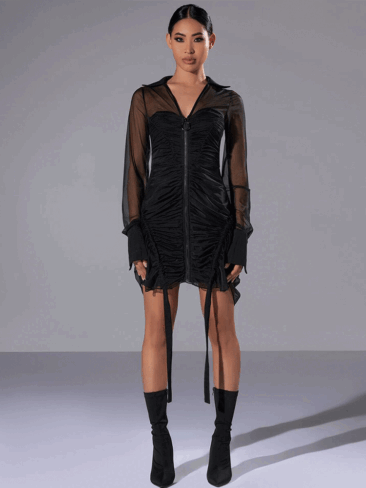 A.KOM // GATHERED ZIP-UP MESH MINI DRESS, BLACK