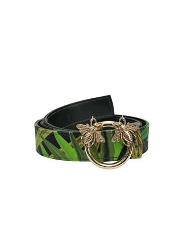 PEcado // PRINTED FOLIAGE SILK LEATHER BELT W/ BEE BUCKLE, BLACK / GREEN