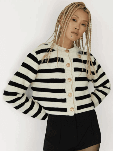 GEPUR // HORIZONTAL STRIPE CARDIGAN SWEATER, WHITE