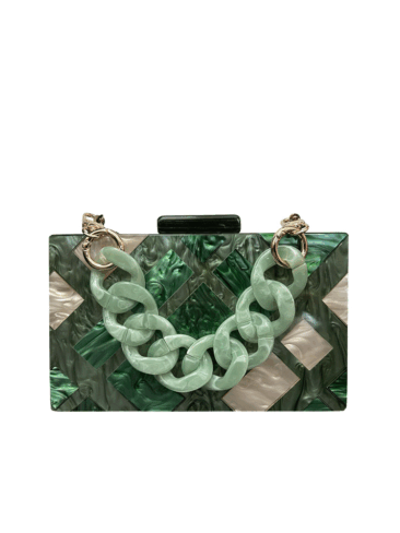 A.KOM // RECTANGULAR GEOMETRIC DESIGN ACRYLIC CLUTCH, PEARL/GREEN