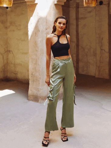 GEPUR // HIGH-WAISTED SILKY CARGO PANTS, KHAKI