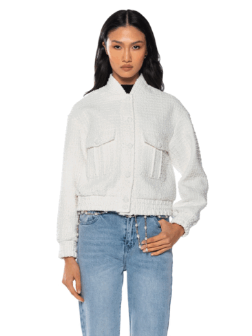 A.KOM // PATCH POCKET TWEED BOMBER JACKET, OFF WHITE